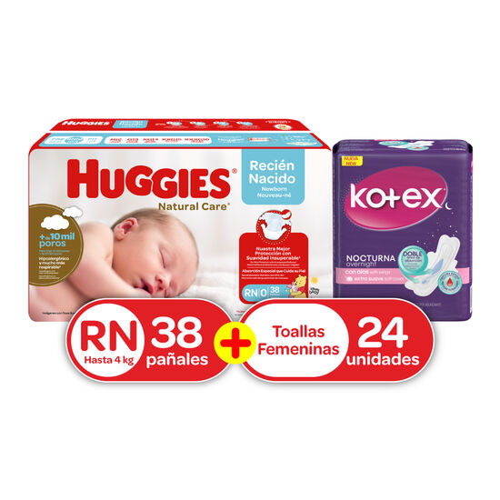 Combo: Pañales Huggies Natural Care RN 38 uds + Kotex Nocturna 24 uds