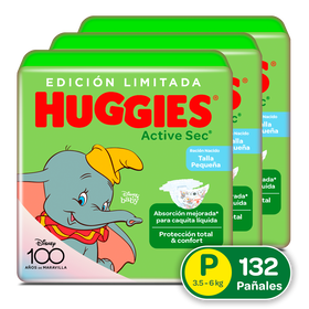 Combo Pañales Huggies Active Sec P, 132 uds. (Edición Limitada)