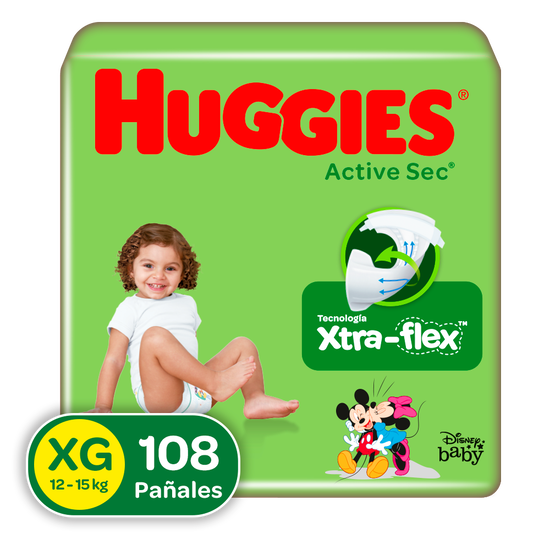 Pañales Huggies Active Sec Xtra-Flex XG, 108uds